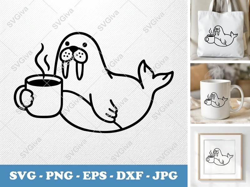 Walrus with Coffee Cup SVG | Puffy Soft Shapes Design | PNG DXF EPS | Cricut Silhouette File