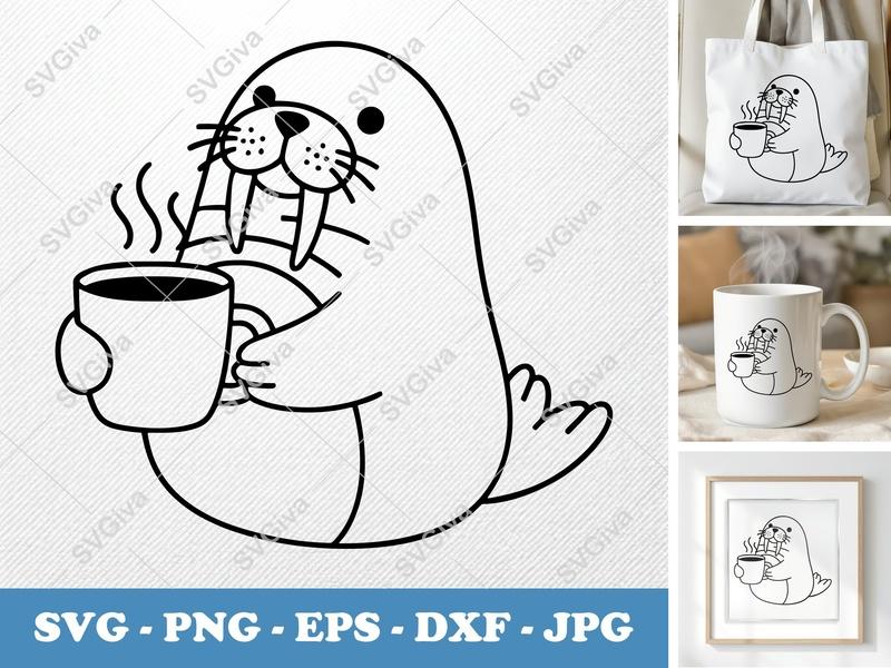 Walrus with Coffee Cup SVG | Rounded Bean-Shaped Design | PNG DXF EPS | Cricut Silhouette File
