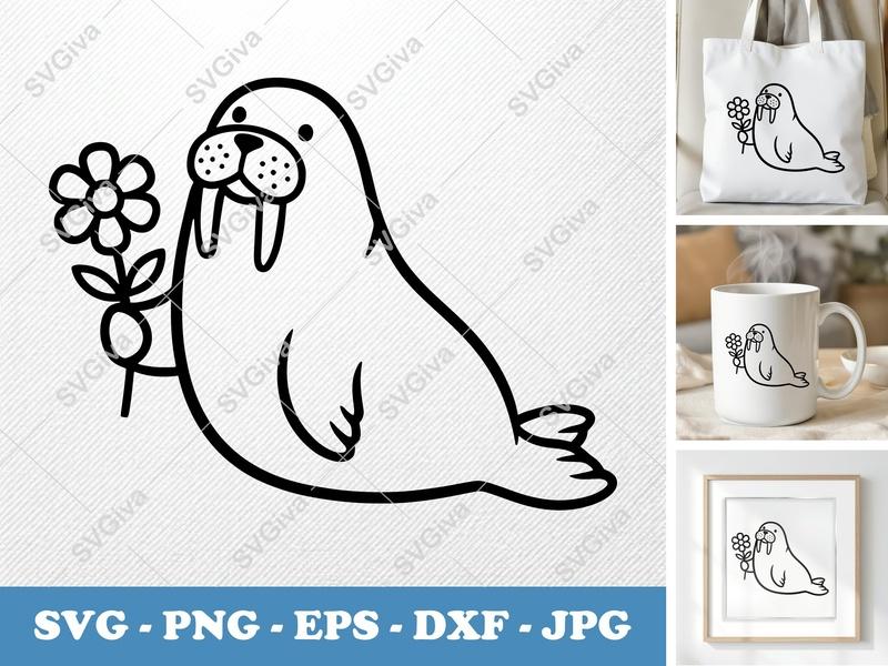 Walrus with Flower SVG | Bold Minimalist Vector | PNG DXF EPS | Cricut Silhouette Cut File