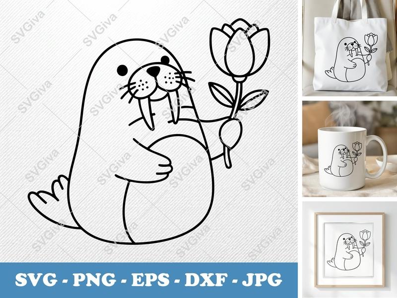Walrus with Flower SVG | Friendly Bean-Shaped Cut File | PNG DXF EPS | Cricut Silhouette Design