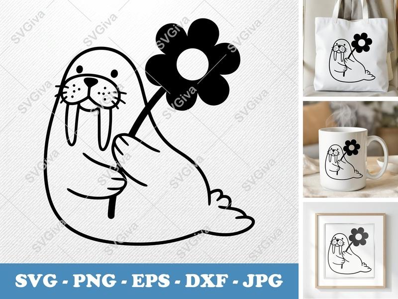 Walrus with Flower SVG | Puffy Pillow-Soft Shapes | PNG DXF EPS | Cricut Silhouette Cut File