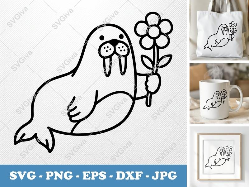 Walrus with Flower SVG | Puffy Pillow-Soft Shapes | PNG DXF EPS | Cricut Silhouette | Cute Animal Cut File
