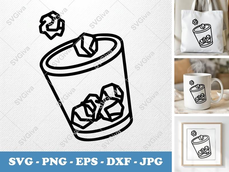 Waste Basket SVG | Crumpled Paper Bin Cut File | Modern Trash Can PNG EPS DXF for Cricut, Silhouette