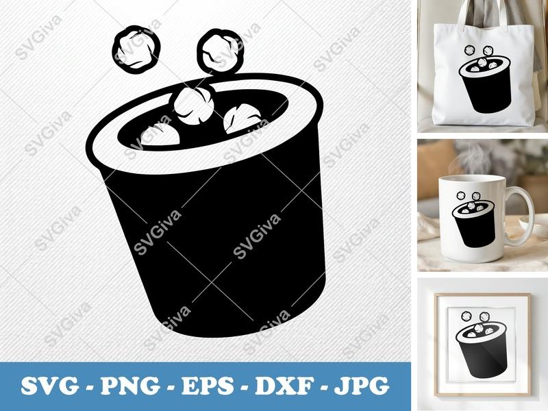 Waste Basket SVG | Modern Trash Can with Crumpled Paper | PNG EPS DXF for Cricut, Silhouette, Digital Download