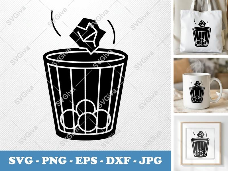 Waste Basket SVG | Trash Can with Paper, Modern Bin | PNG EPS DXF for Cricut, Silhouette | Garbage Icon Cut File