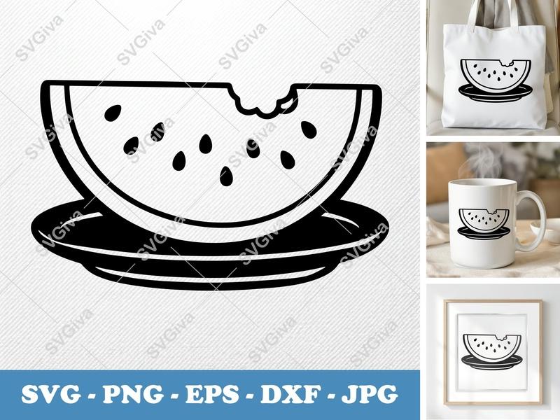 Watermelon Slice on Plate SVG PNG DXF EPS | Fruit Cut File Cricut Silhouette | Food Vector Design