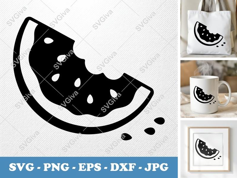 Watermelon SVG, Bitten Slice Clean Design, Fruit Silhouette, Seeds, PNG EPS DXF for Cricut, Silhouette