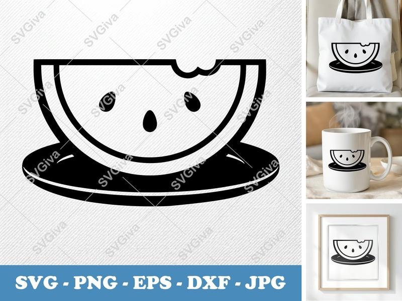 Watermelon SVG, Bitten Slice on Plate, Modern Clean Design | PNG EPS DXF for Cricut & Silhouette