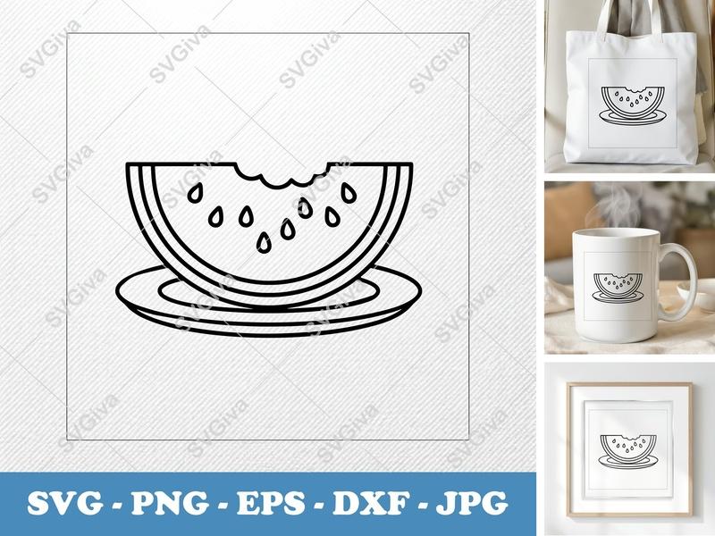 Watermelon SVG, Slice with Bite Mark, Plate, Seeds | Modern Fruit PNG EPS DXF | Cricut Silhouette File