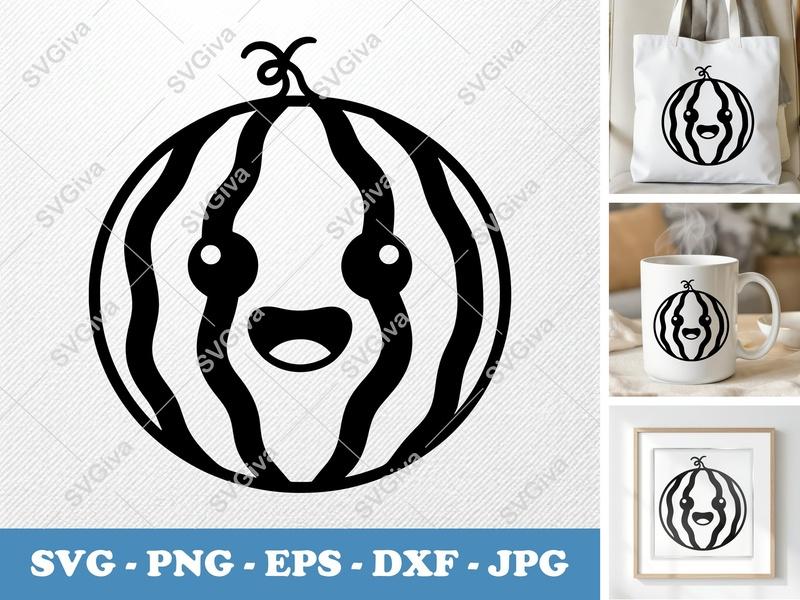 Watermelon with Smiling Face SVG | Fruit Cut File PNG DXF EPS Cricut Silhouette Summer Vector