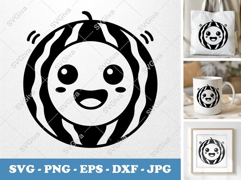 Watermelon with Smiling Face SVG PNG DXF EPS | Fruit Cut File for Cricut Silhouette