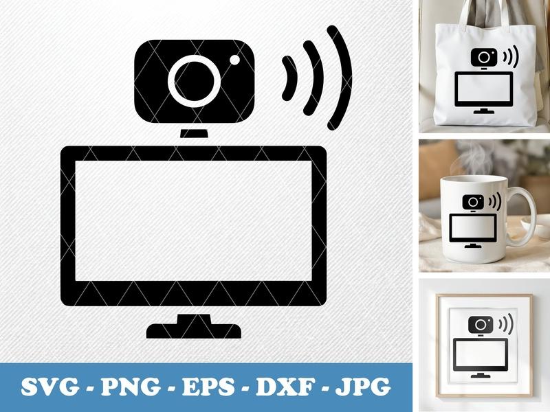 Webcam in active use SVG | Minimal Monitor Icon, Wifi Signal, Digital Meeting | PNG EPS DXF for Cricut Silhouette