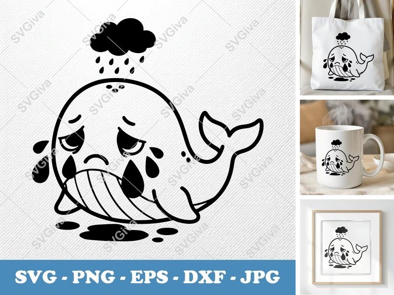 Whale Crying SVG | Puffy Cartoon Design | Inflated Look | PNG DXF EPS | Cricut Silhouette File