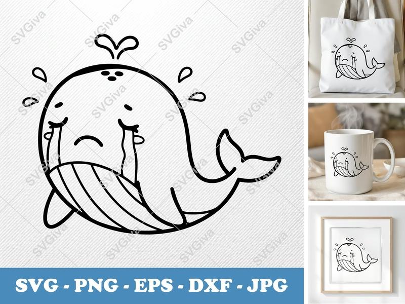 Whale Crying SVG, Rounded Cute Bean-Shaped Cut File, PNG DXF EPS, Cricut Silhouette Friendly Marine Animal