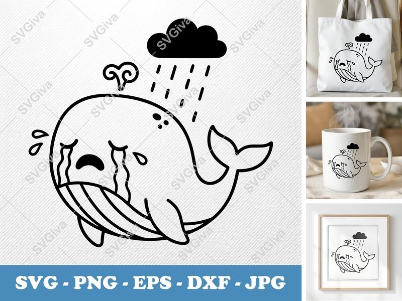 Whale Crying SVG, Sad Whale Clip Art with Rain Cloud | PNG EPS DXF for Cricut, Silhouette, Digital Download