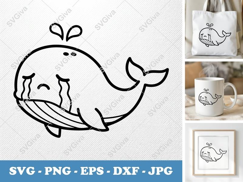 Whale Crying SVG | Sad Whale Cut File | Kawaii Sea Animal PNG EPS DXF for Cricut Silhouette, Digital Download