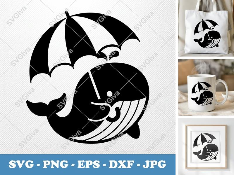 Whale Holding Umbrella SVG, Puffy Pillow-Soft Shapes | PNG DXF EPS | Cricut Silhouette File