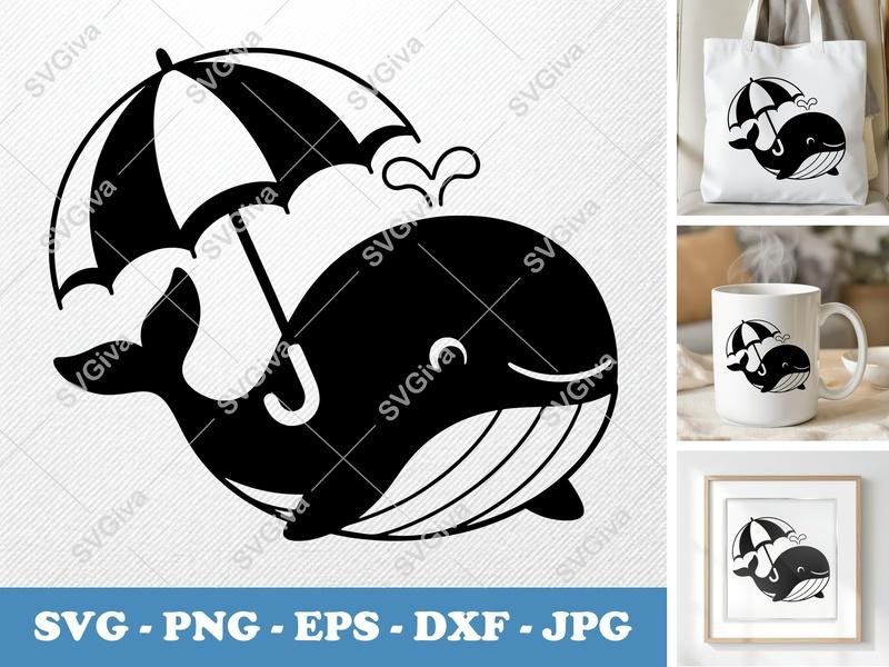 Whale Holding Umbrella SVG | Puffy Soft Forms | PNG DXF EPS | Cricut Silhouette Cut File