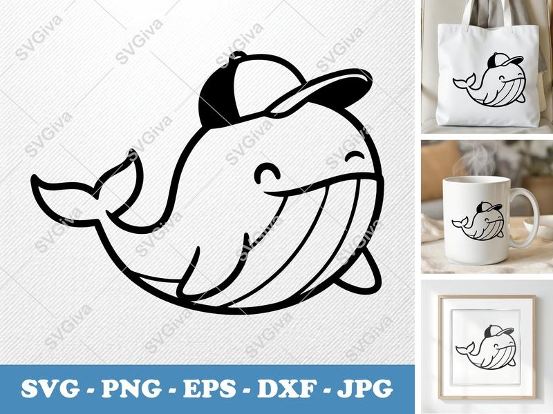 Whale in a Cap SVG | Friendly Bean-Shaped Cut File | PNG DXF EPS | Cricut Silhouette Design