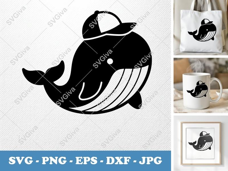 Whale in a Cap SVG | Puffy Soft Shapes | Inflated Pillow Art | PNG DXF EPS | Cricut Silhouette File