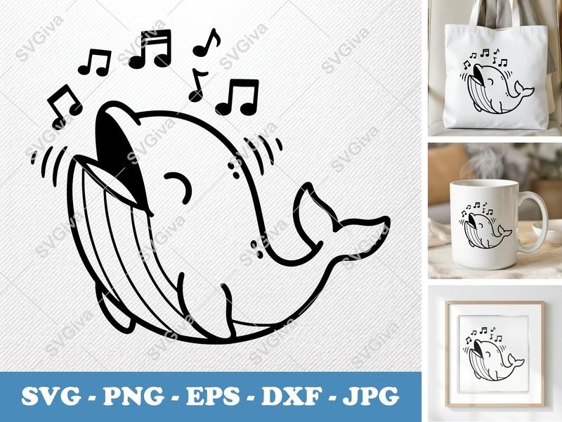 Whale Singing SVG | Puffy Cartoon Style Cut File | PNG DXF EPS | Cricut Silhouette Design