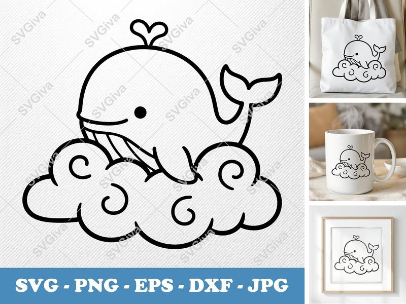 Whale Sitting on Cloud SVG | Friendly Rounded Cartoon Style | PNG DXF EPS | Cricut Silhouette File