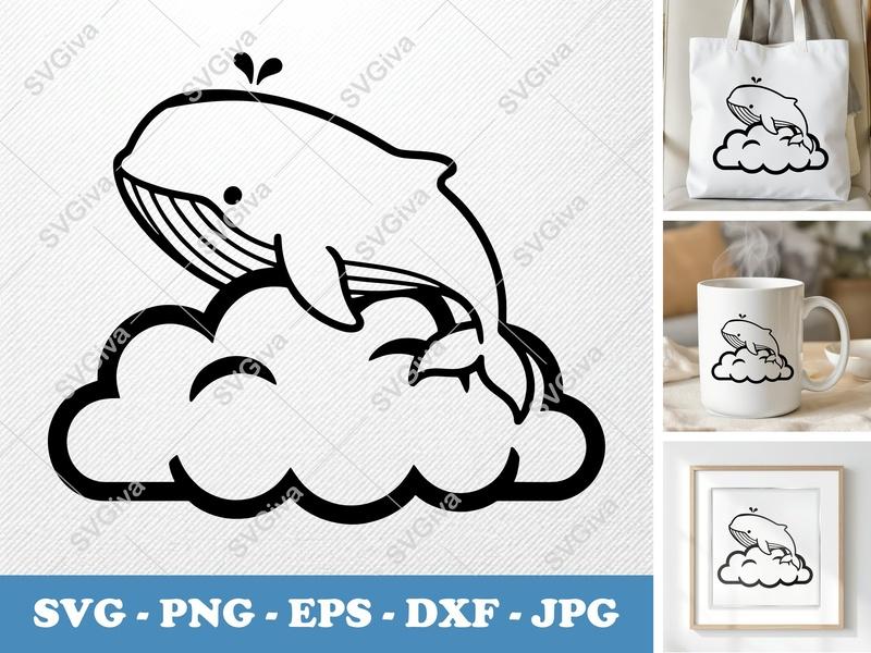 Whale Sitting on Cloud SVG | Minimalist Line Art | PNG DXF EPS | Cricut Silhouette Cut File