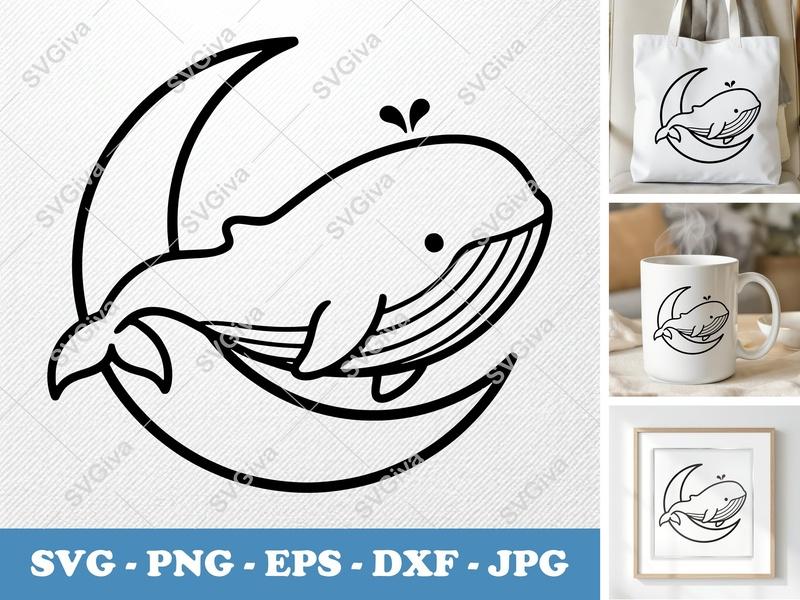 Whale Sitting on Moon SVG | Bold Contour Minimalist Cut File | PNG DXF EPS | Cricut Silhouette Ocean