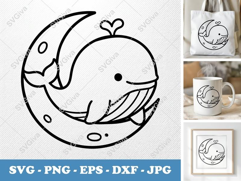 Whale Sitting on Moon SVG | Friendly Rounded Body, Bean-Shaped Forms | PNG DXF EPS | Cricut Silhouette File