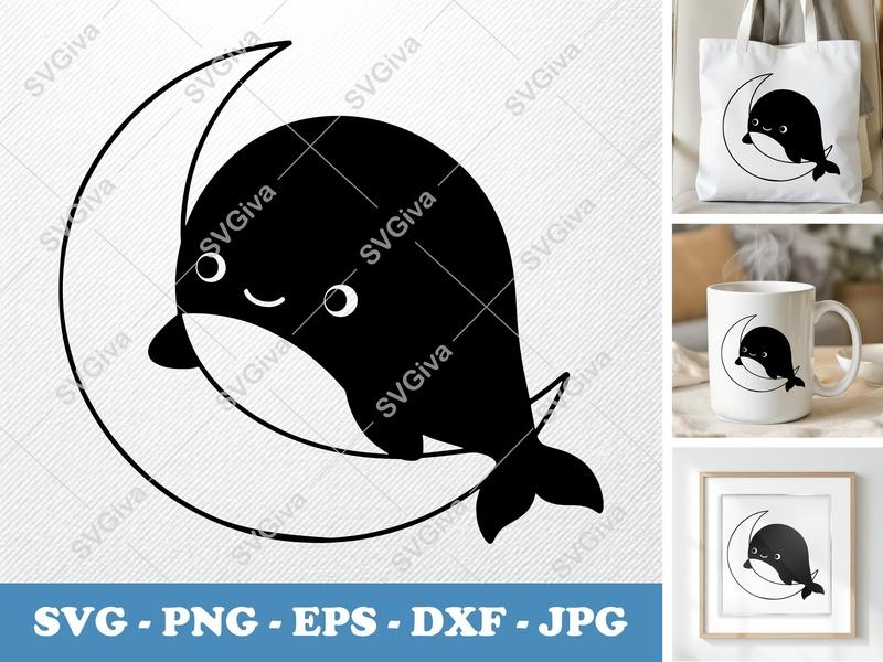 Whale Sitting on Moon SVG | Puffy Soft Shapes | Inflated Pillow Art | PNG DXF EPS | Cricut Silhouette File