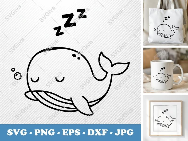 Whale Sleeping SVG | Friendly Rounded Body Bean-Shaped Cut File | PNG DXF EPS for Cricut Silhouette