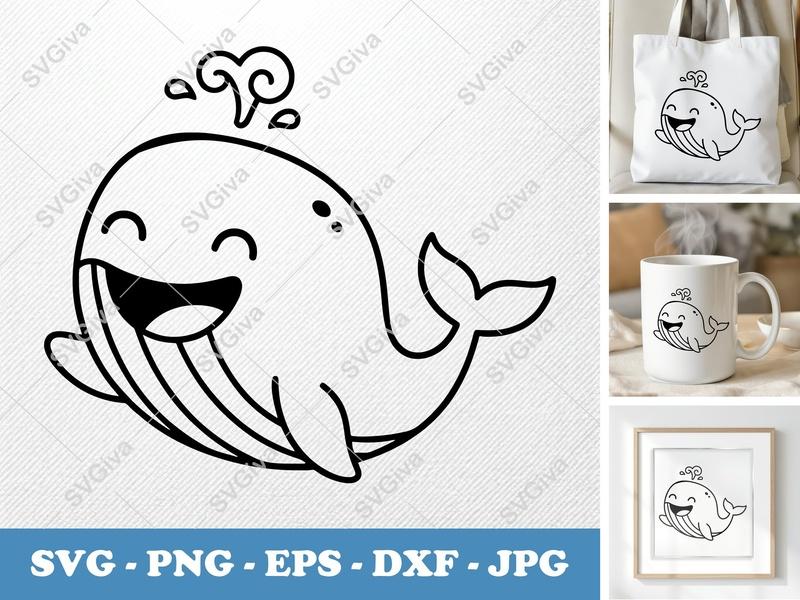 Whale Smiling Happily SVG | Friendly Bean-Shaped Whale Cut File | PNG, DXF, EPS | Cricut Silhouette