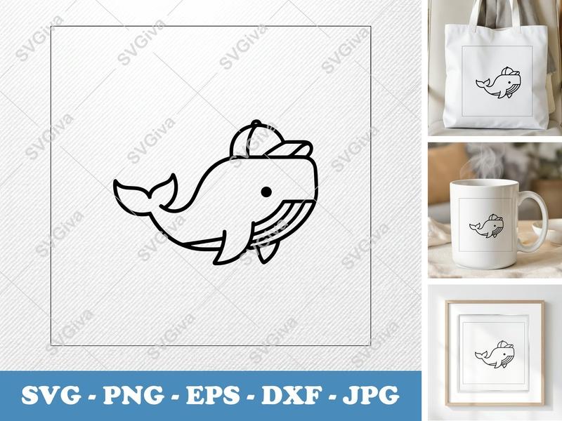 Whale SVG | Cartoon Whale with Hat | Ocean Animal Cut File | PNG EPS DXF for Cricut, Silhouette, Vector Clipart