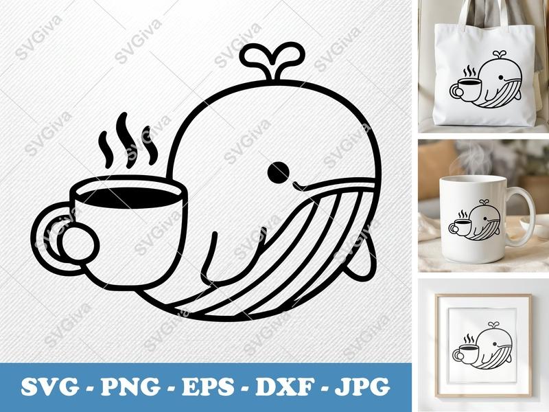 Whale SVG, Coffee Mug Silhouette, Cute Ocean Animal, Cricut Cut File, PNG EPS DXF, Modern Marine Design for Silhouette