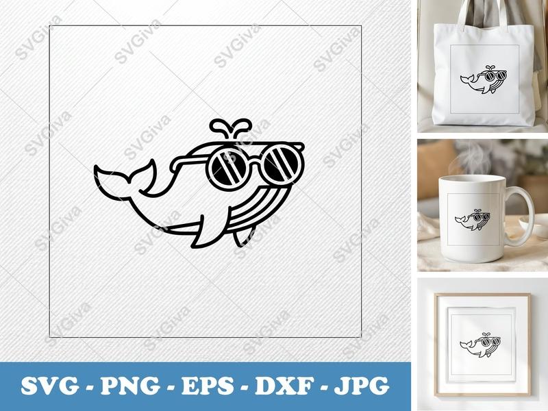 Whale SVG, Cool Sunglasses Whale, Modern Sea Animal, PNG EPS DXF for Cricut & Silhouette, Ocean Life Vector Cut File