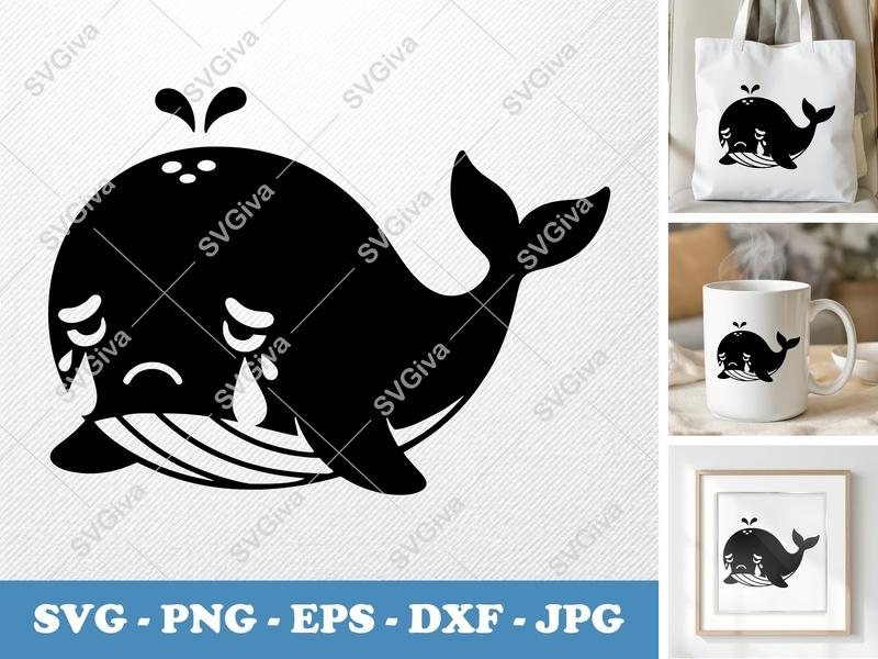 Whale SVG, Crying Sad Whale Cut File, PNG EPS DXF, Ocean Animal Art for Cricut Silhouette, Digital Download