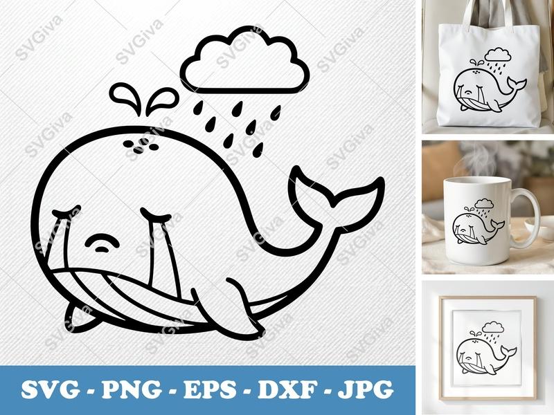 Whale SVG, Crying Whale with Cloud Rain Drops, Cute Cartoon Whale, PNG EPS DXF for Cricut, Silhouette, Ocean Animal Clipart