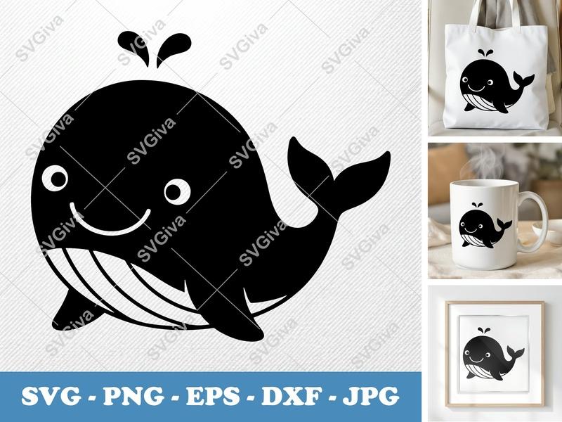 Whale SVG, Cute Baby Whale Vector, Smiling Modern Ocean Animal | PNG EPS DXF | Cricut Silhouette Cut File