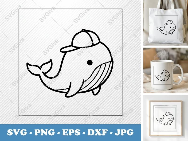 Whale SVG, Cute Cartoon Baseball Cap, Modern Clean Design - PNG EPS DXF for Cricut & Silhouette