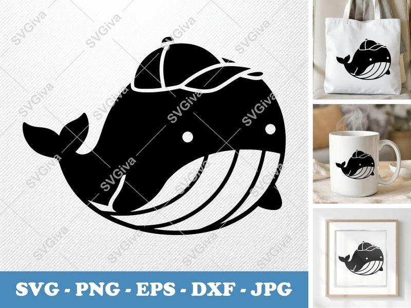 Whale SVG, Cute Cartoon Baseball Cap | PNG EPS DXF | Cricut Silhouette Cut File, Ocean Animal Graphic
