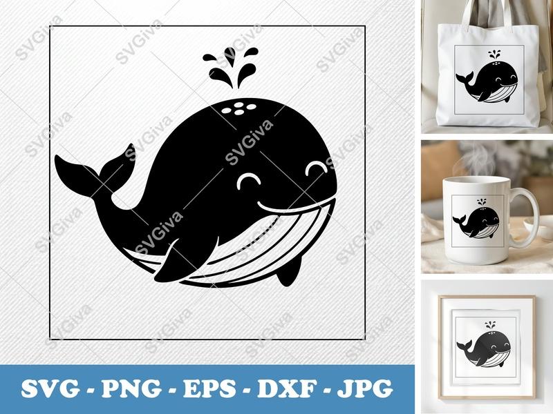 Whale SVG, Cute Cartoon Whale, Simple Happy Whale, Ocean Animal, SVG | PNG | EPS | DXF for Cricut & Silhouette