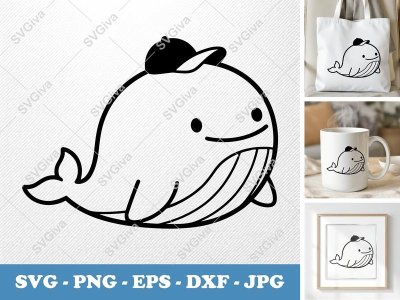 Whale SVG, Cute Cartoon Whale with Hat, Animal Clipart, Ocean Life | PNG EPS DXF for Cricut Silhouette