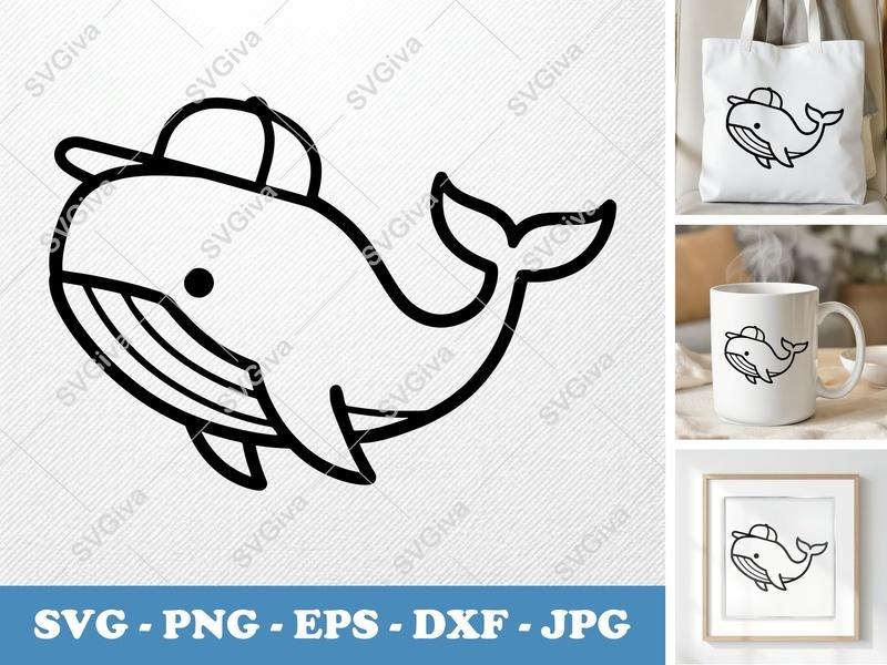 Whale SVG, Cute Cartoon with Hat | PNG EPS DXF | Cricut Silhouette Cut File, Ocean Animal Clipart, Simple Line Art