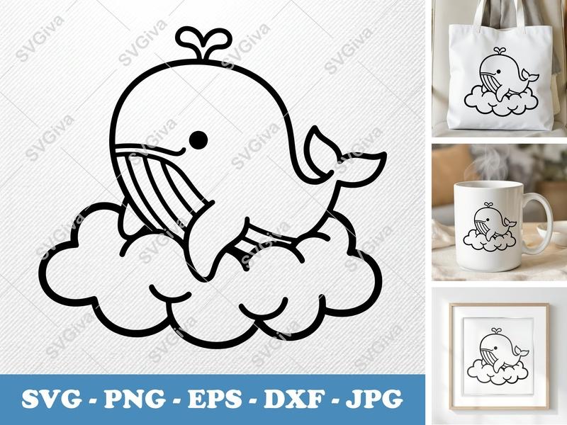 Whale SVG, Cute Cloud Whale Line Art | PNG EPS DXF | Cricut Silhouette File, Baby Nursery Ocean Animal Design