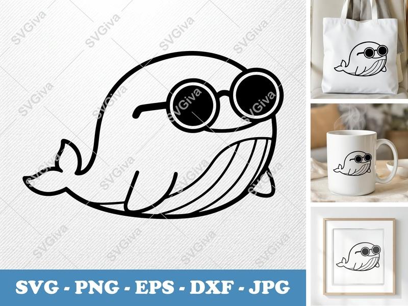 Whale SVG, Cute Cool Whale with Sunglasses, Ocean Animal Cut File | PNG EPS DXF for Cricut Silhouette