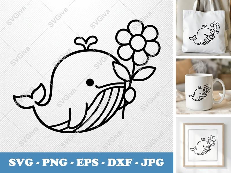 Whale SVG | Cute Flower Design, Kawaii Line Art | PNG EPS DXF for Cricut, Silhouette | Ocean Animal Clipart
