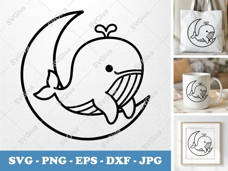Whale SVG, Cute Moon Whale Design, Line Art, Ocean Animal Cut File for Cricut, Silhouette | PNG EPS DXF Vector Clipart