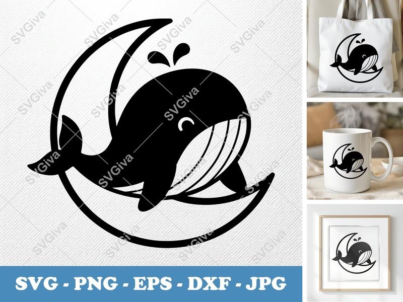 Whale SVG, Cute Moon Whale Design, Ocean Animal, Baby Nursery Decor | PNG EPS DXF for Cricut Silhouette