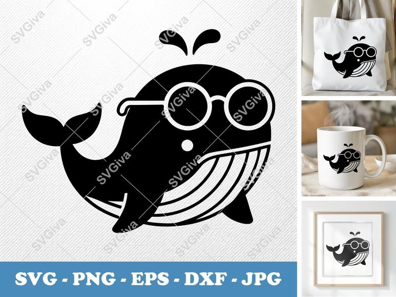 Whale SVG, Cute Nerd Whale with Glasses, Ocean Animal Cut File | PNG EPS DXF for Cricut, Silhouette | Modern Design