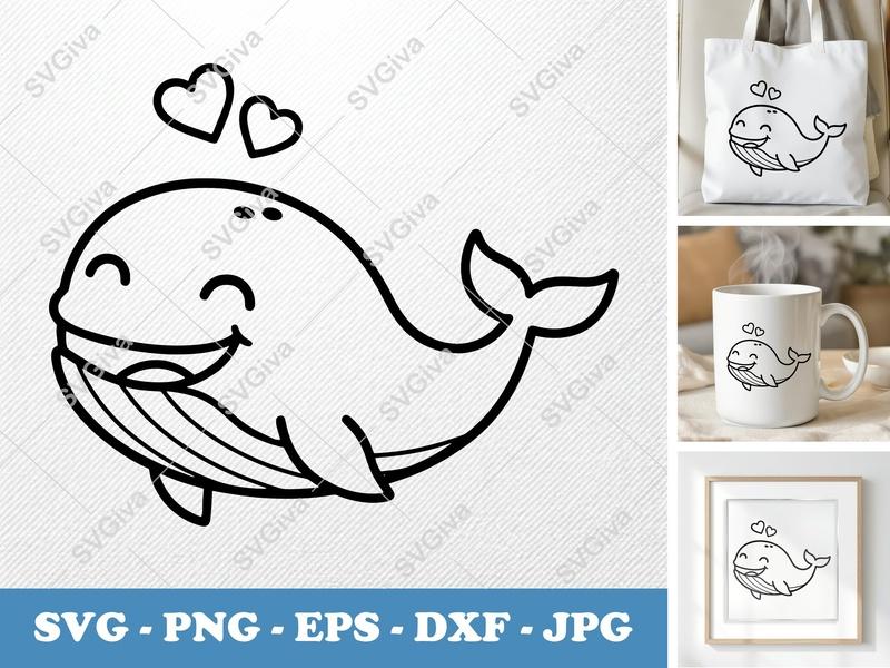 Whale SVG, Cute Smiling Whale with Hearts | PNG EPS DXF | Cricut Silhouette Cut File, Ocean Animal Clipart